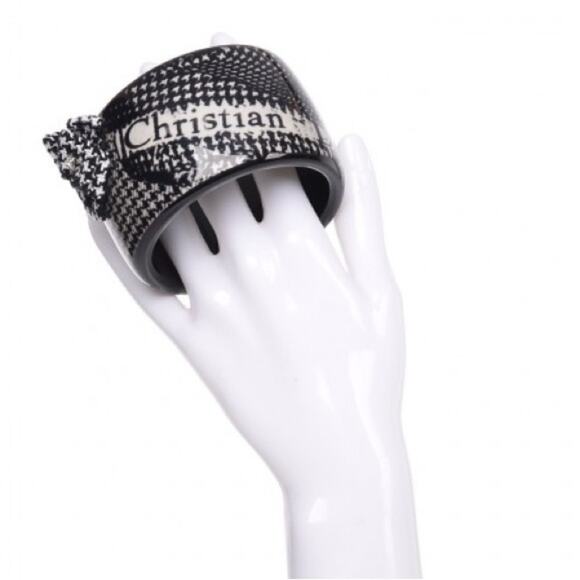 AUTH VTG Christian Dior LadyD Houndstooth Logo Tweed Crystal Bangle Bracelet - Picture 3 of 12
